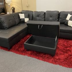 🔥GORGEOUS Black 3PCS Sectional W/Storage Ottoman (Right Chaise) 👍FREE FINANCING AVAILABLE 👉 0️⃣ DOWN PAYMENT ❗NO CREDIT CHECK❗ 