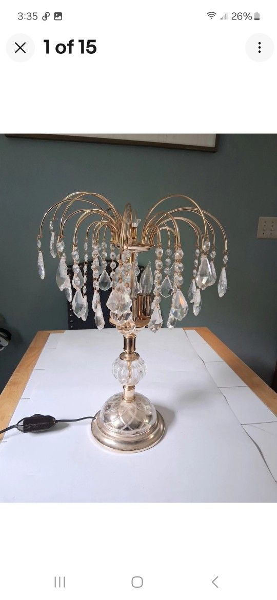 19" Spectra Style Crystal & Gold Tone Waterfall Swarovski Table Mood Lamp 3-bulb READ