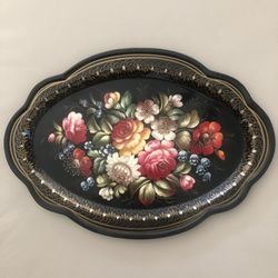 Collectors Russian Mocmobo Art Black Lacquer Hand Painte Oval Plate  