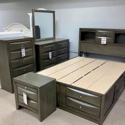 Emily Gray Storage Platform Bedroom Set Queen Or King Set Bed, Dresser, Mirror, Nightstand, Chest 