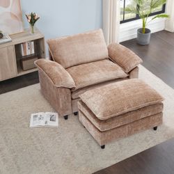 53” Camel Oversized Accent Chair with Ottoman - Plush Chenille Upholstered Lounge Chair [NEW] <Assembly Req>