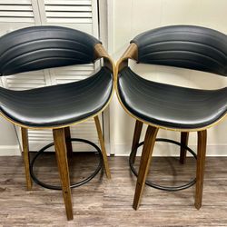 LumiSource Symphony 30 in. Walnut Wood & Black Faux Leather Bar Stool (set of 2):