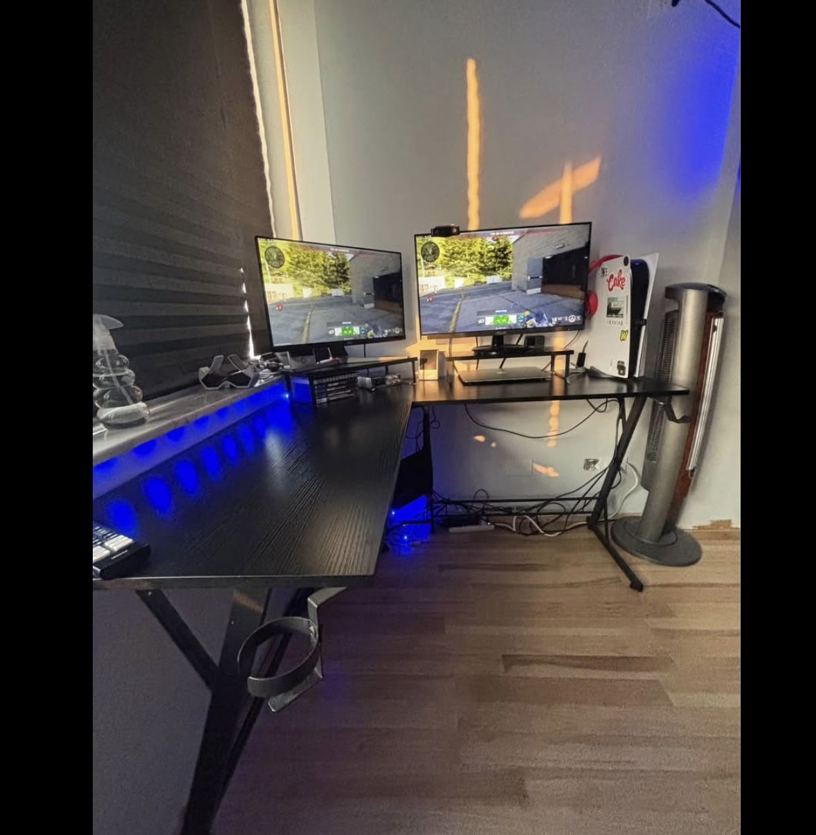 4 foot by 4 foot black desk, and 24inch ASUS moniter.