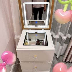 Liftable Makeup Table with 180° Rotating Desktop, Compact Pine Dressing Table Set with 3 Color Makeup Mirror, 3 in 1 Small Makeup Vanity Save Space fo