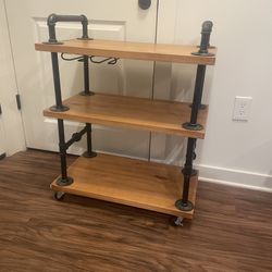 Industrial Bar Cart with Hanging Wine Glass Storage - 3-Tier Wood & Metal