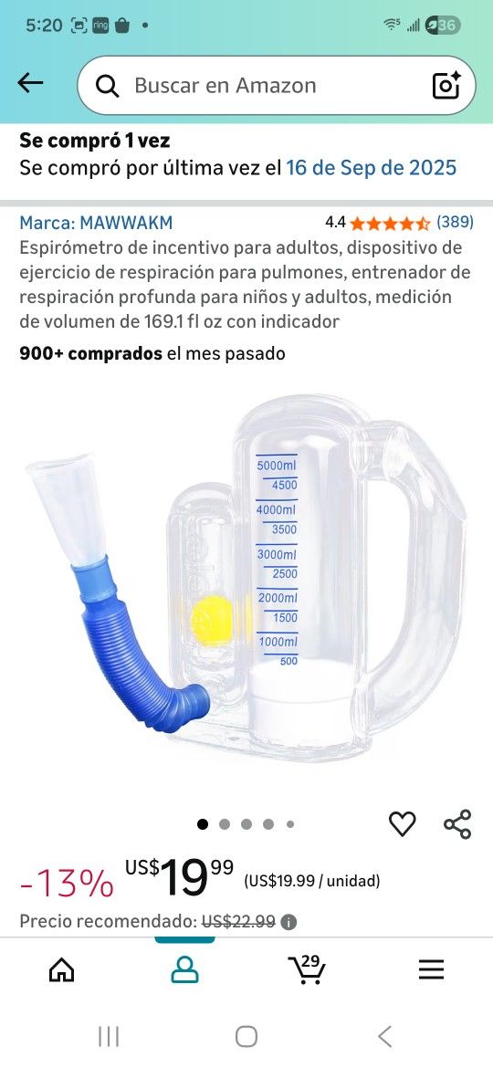 Adult incentive spirometer, lung breathing exercise device, deep breathing trainer for children and adults, volume measurement of 169.1 fl oz with ind