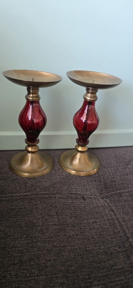 2 Vintage Ruby Red Deco Pillar Candle Holder Silver Plate Red Cased Bubble Glass 6“ Set