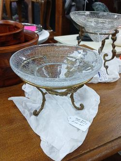 Glass dish vintage brass footer