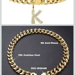 Gold Chain Dog Collar Personalized Letter Dog Necklace with Bling Zircons Metal Cuban Link for Medium and Large Dogs Pets Heavy Duty Chew Proof Letter