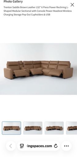 NEW Living Spaces - Trenton Saddle Brown Leather 132" 6 Piece Power Reclining L-Shaped Modular Sectional with Console Power Headrest Wireless Charging