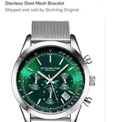 Stuhrling Rialto 3975.9 Men s Chronograph Watch – Quartz Movement, 44mm Silver-Tone Case, Green Dial, Stainless Steel Mesh Bracelet New