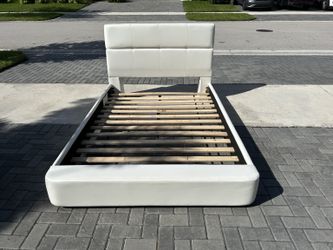 White Upholstered Bed Frame with Headboard & Slats