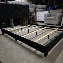 Black Suede Tufted Queen Size Bed Frame