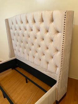 Queen Tufted Wingback head board bed frame/ nail head & jeweled accents
