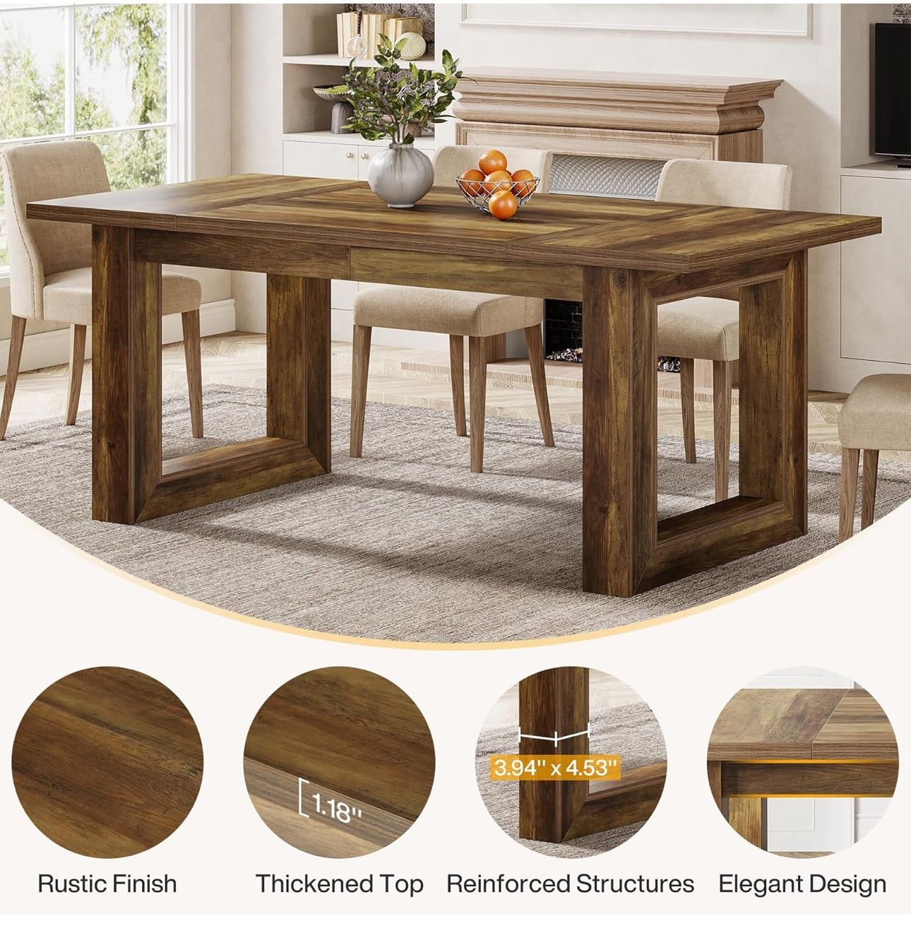 63-Inch Dining Table, Modern Wood Kitchen Table, Large Rectangular Dinner Table for Dining Room (Brwon)