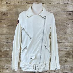 Froden Women's White Cream Faux Leather Moto Jacket with Varsity Patches, Size 2