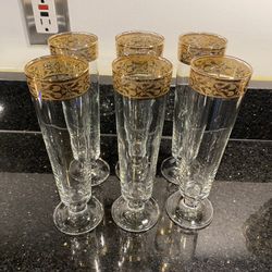 24 KT Gold Hand Decorated Blown Crystal Champagne Glass Flutes 8” Set of 6