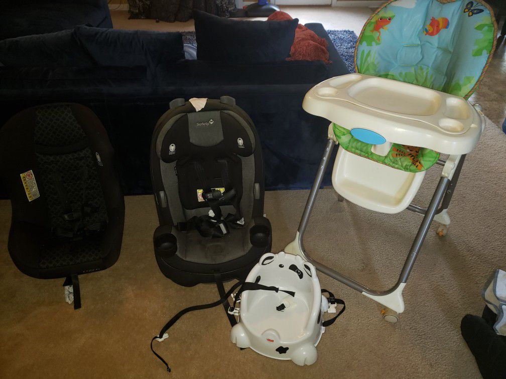 Two carseats, high chair and booster