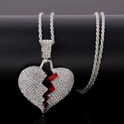 Iced Out Micro Pave 14K White Gold-Plated Cubic Zirconia Broken Heart Pendant With Chain Necklace 