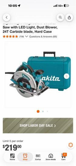15 Amp 7-1/4 in. Corded Lightweight Magnesium Circular Saw with LED Light, Dust Blower, 24T Carbide blade, Hard Case$140