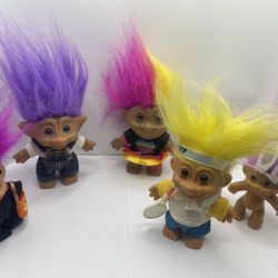 Vintage Troll Dolls Lot of 5 – Colorful Hair, Outfits & Accessories – 1990s Style