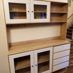 Kitchen Pantry Storage Cabinet with Glass Doors, Shelves & Drawers, Modern Sideboard Buffet Cabinet, Wood Kitchen Cupboard with Hutch and Hooks, Walnu