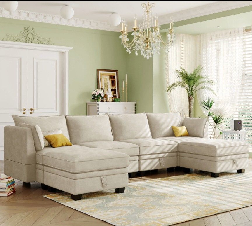 Large U-Shape Sectional Sofa, Converts Into Sofa Bed with Chaise & Storage
