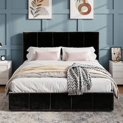 Full / Queen Size Bed Frame, Dutch Velvet Upholstered Platform Bed, Vertical Channel Tufted Adjustable Headboard, Low Profile Bed Frame, No Box Spring