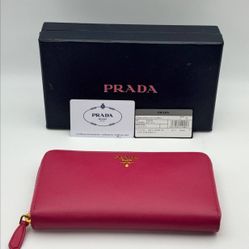 Authentic PRADA Peonia Pink Saffiano Leather Zip Wallet Excellent