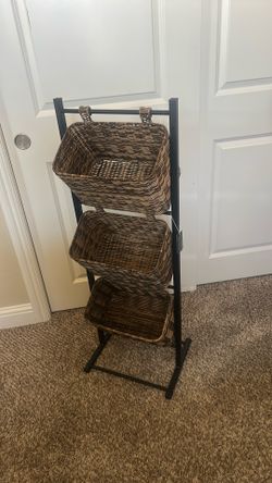 3-tier woven wicker storage basket floor stand