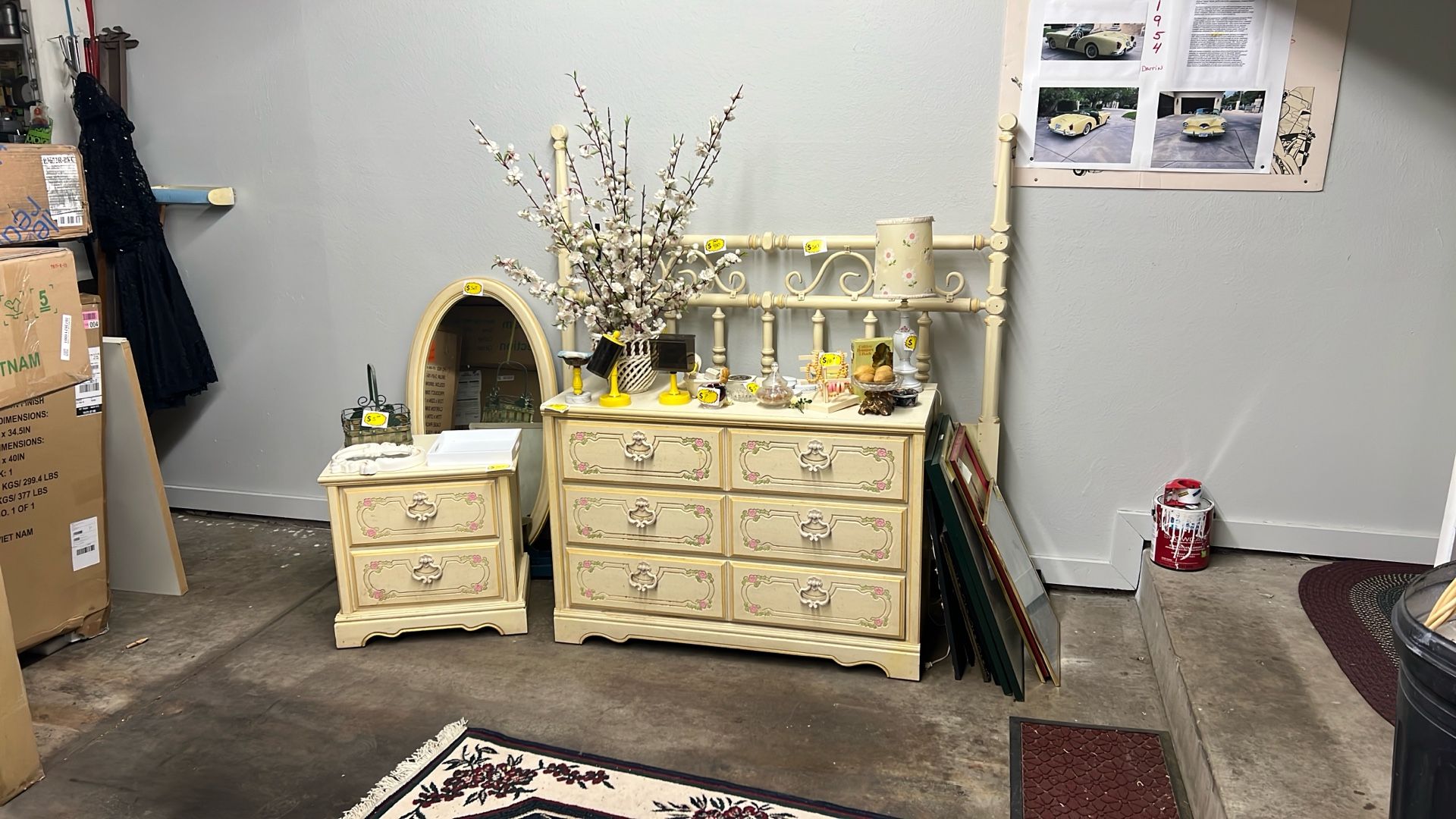 Dresser, nightstand, mirror, and headboard
