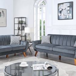 Brand New Grey Retro Style Sofa & Loveseat (Pillows Included)