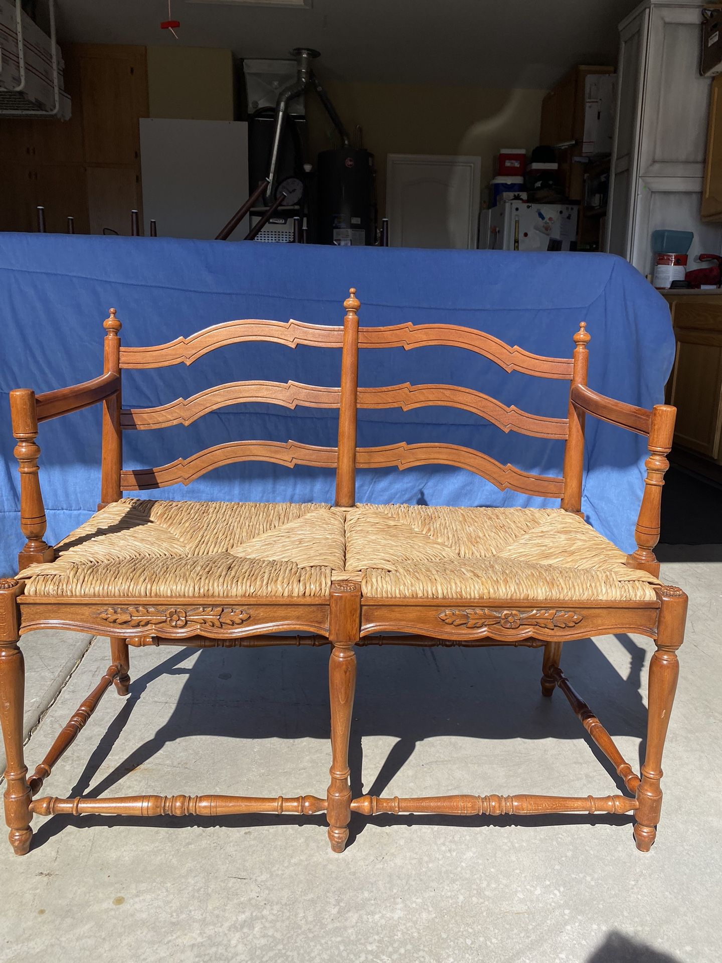 Vintage French Country Style Rush Seat Carved Wood Bench