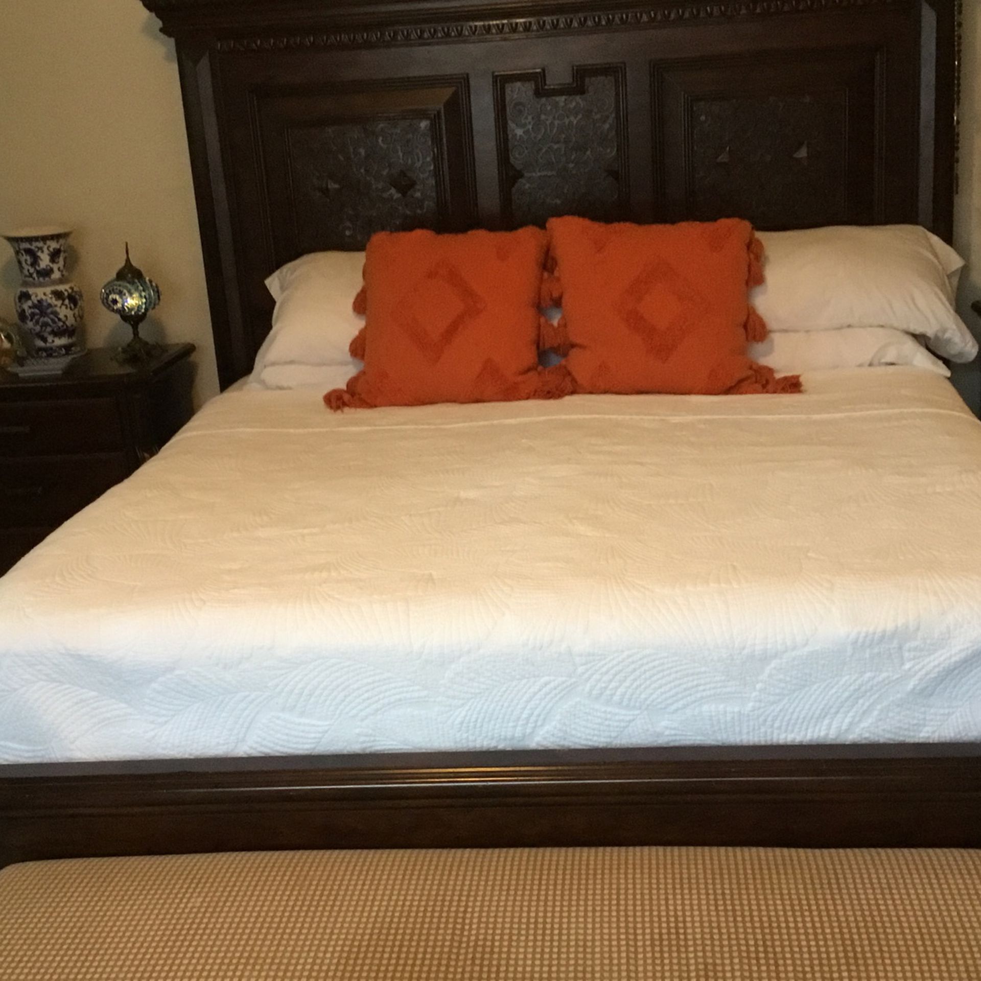 King Size Bed.  Solid Wood.  Two Nightstands .  Antique Dresser. 
