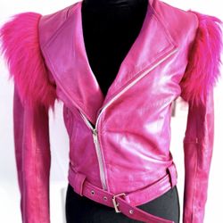 💖🔥 New Hot Pink Faux Leather Jacket ✨ Fur Shoulder Statement Jacket Biker Edgy Punk Size S