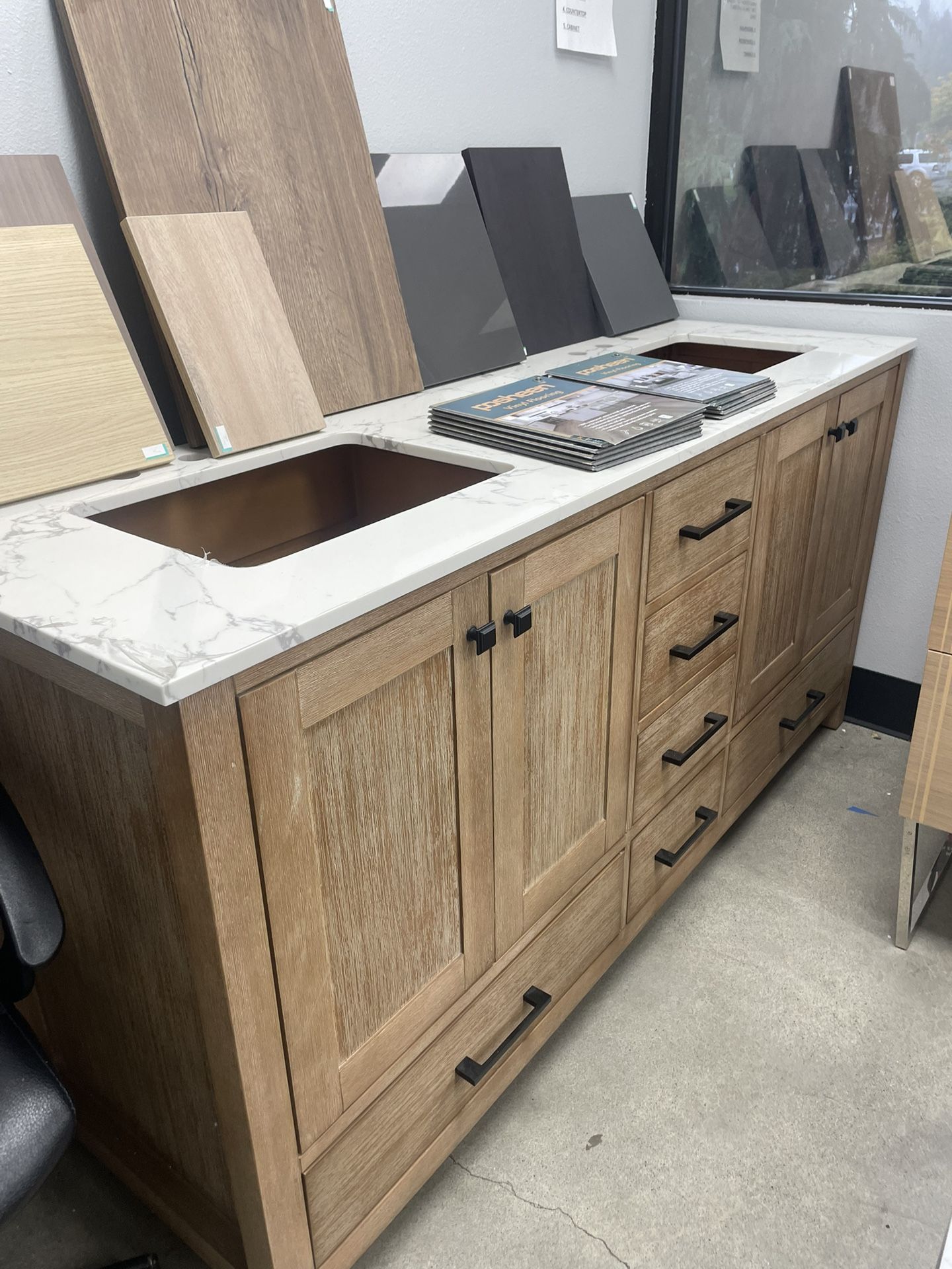 Bathroom vanity cabinet 72” solid Teak Quartz top with sinks and backsplash