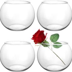 Set of 4 Clear Glass Vases, 6” W x 4.4” H, Round Candle Holders, Bubble Bowl