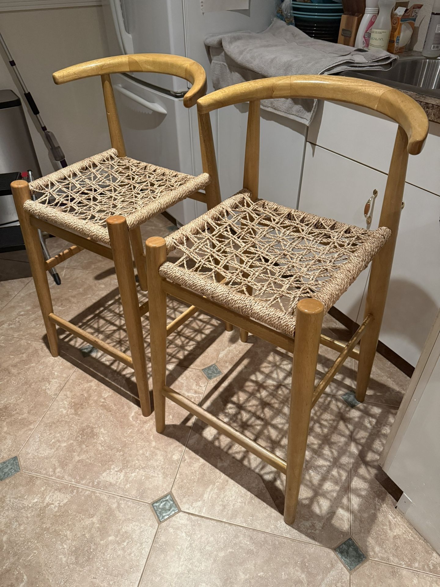 JOHN VOGEL for West Elm Special Edition Nguni Counter Height Bar Stools Chairs (Set of 2) Woven Jute Seats