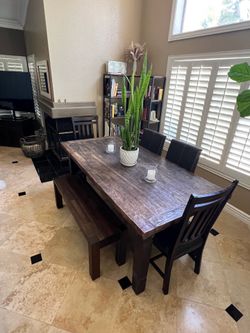 Solid Wood Rustic Farmhouse Dining Set – Table, Bench & 6 Chairs