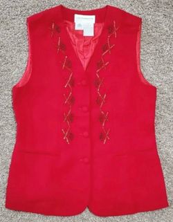 Women’s Liz Claiborne Beaded Pure New Wool Vest Size Petite S Red Holiday