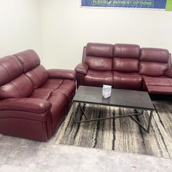 Red Leather Recliner Sofa & Stationary Loveseat 
