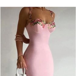 Pink Maxi Dress, Embroidered 