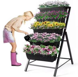 4FT Vertical Garden Bed 5-Tier Raised Planter with 4 Hooks & Wheels Vegetable Flower Stand for Patio Yard (25.6×26×48 Inch）