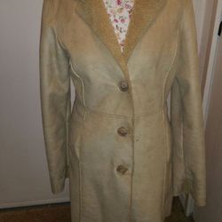 Retro Thick Warm Teddy Lined Fleece Lined Warn Neutral Button Up Trench Cost Sz m Womens 