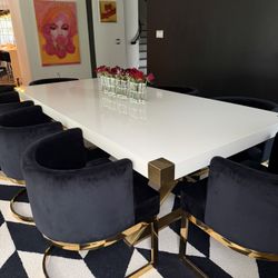 8 Seater White Dining Table With 8 Velvet Bucket Chairs