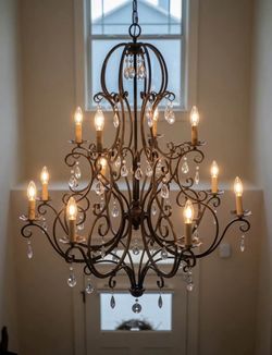 Large 43” Rustic Chic Crystal Chandelier – 12-Light Statement Piece