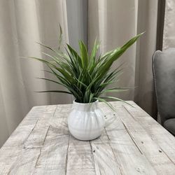 Fake Artificial Grass in Modern White Ceramic Plant Pots. Table Centerpiece.