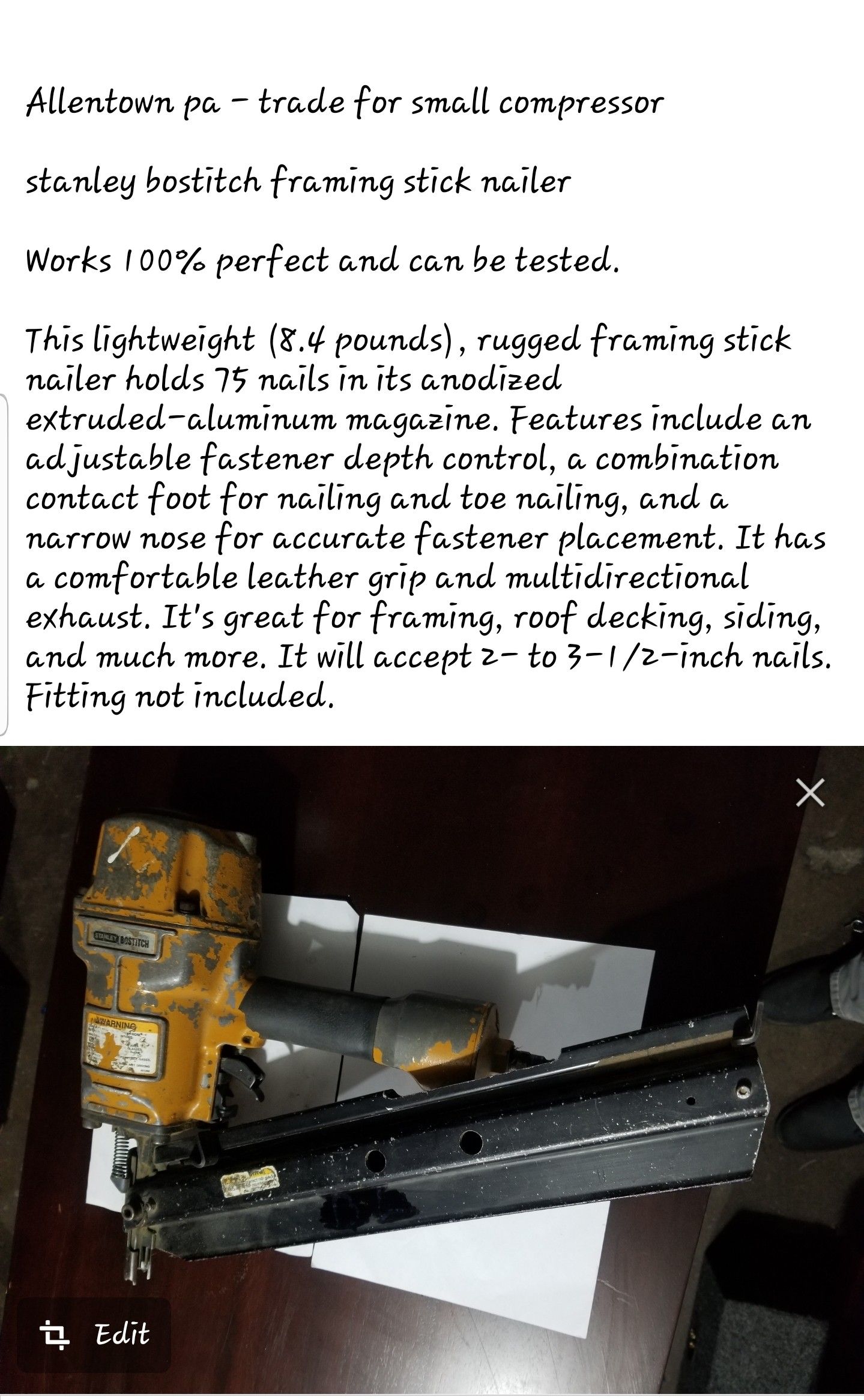 Trade my nailer nail gun for small compressor