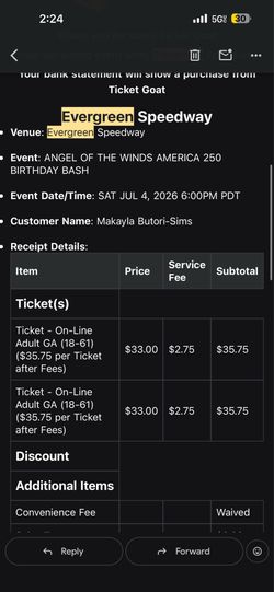 Evergreen speedway tickets for July 4th!!