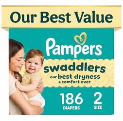 PAMPERS Swaddlers Diapers, Size 2 (10-22 lbs), 186 Count
